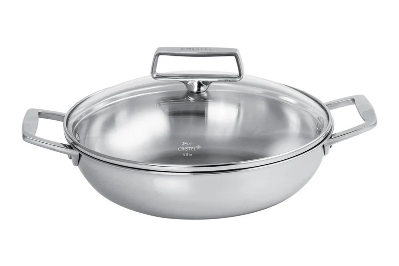 Sautoir Cristel Castel'Pro en acier inoxydable 18/10 5 ply avec 2 anses fixes + couvercle en verre