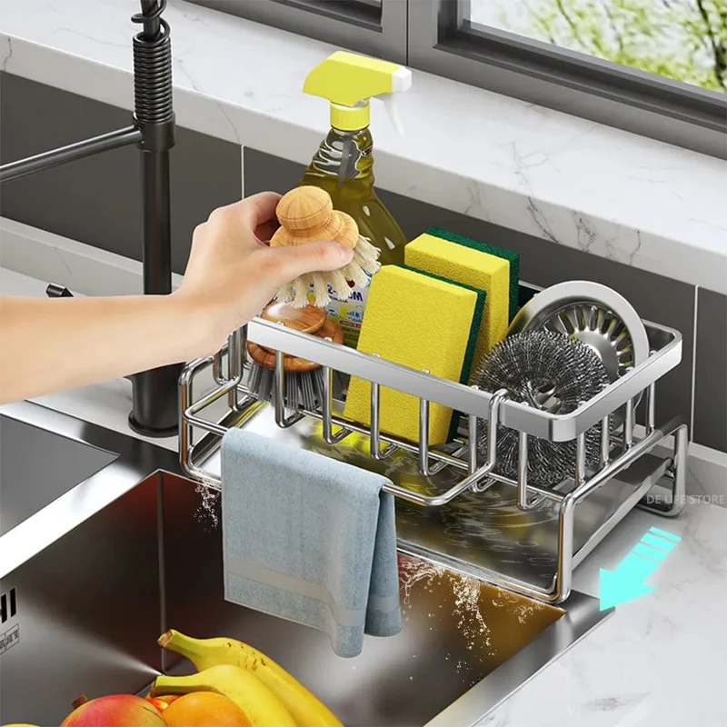 Organiseur d'Évier en Inox Auto-Drainant 23 cm — Porte-Éponge et Porte-Torchon