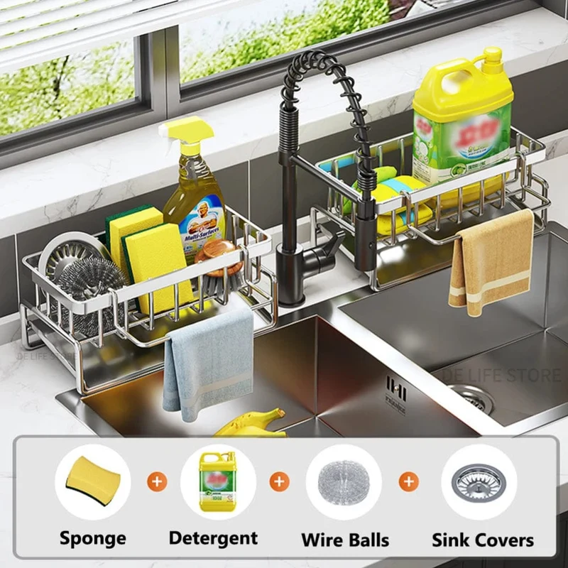 Organiseur d'Évier en Inox Auto-Drainant 23 cm — Porte-Éponge et Porte-Torchon