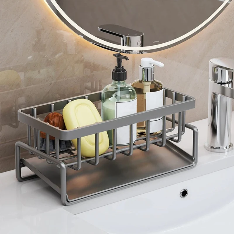 Organiseur d'Évier en Inox Auto-Drainant 23 cm — Porte-Éponge et Porte-Torchon