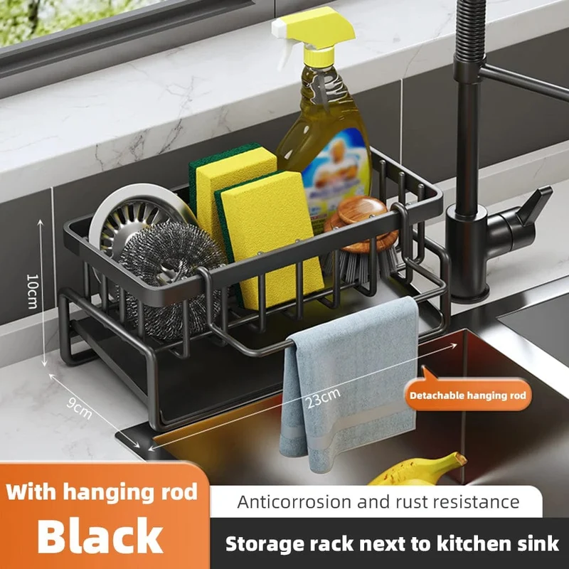 Organiseur d'Évier en Inox Auto-Drainant 23 cm — Porte-Éponge et Porte-Torchon