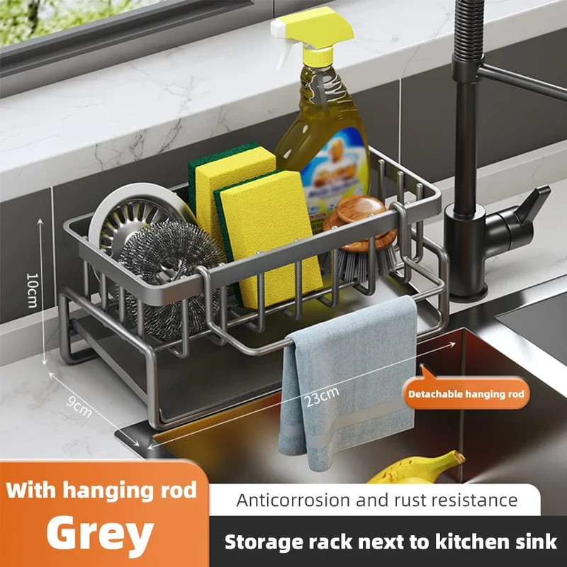 Organiseur d'Évier en Inox Auto-Drainant 23 cm — Porte-Éponge et Porte-Torchon