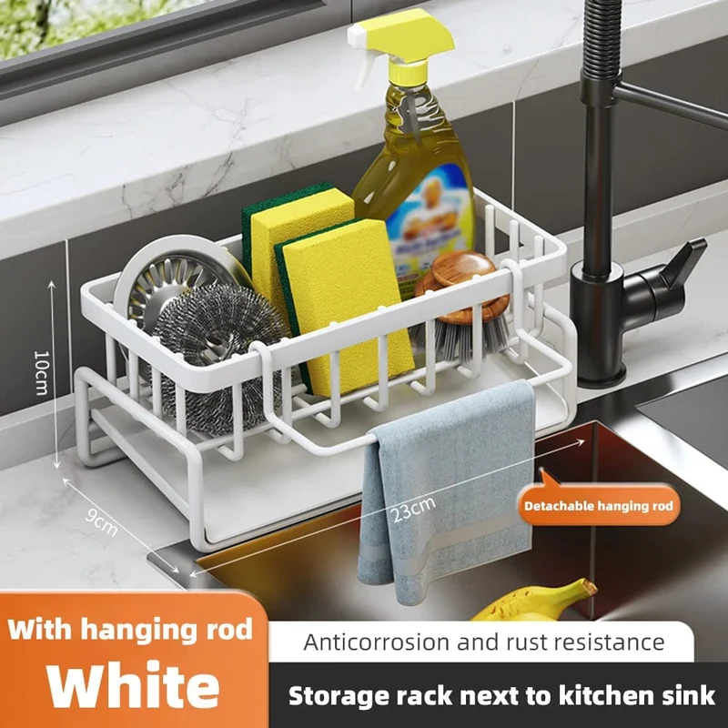 Organiseur d'Évier en Inox Auto-Drainant 23 cm — Porte-Éponge et Porte-Torchon