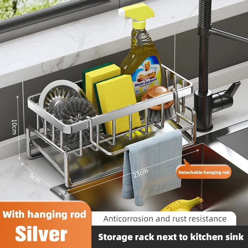 Organiseur d'Évier en Inox Auto-Drainant 23 cm — Porte-Éponge et Porte-Torchon