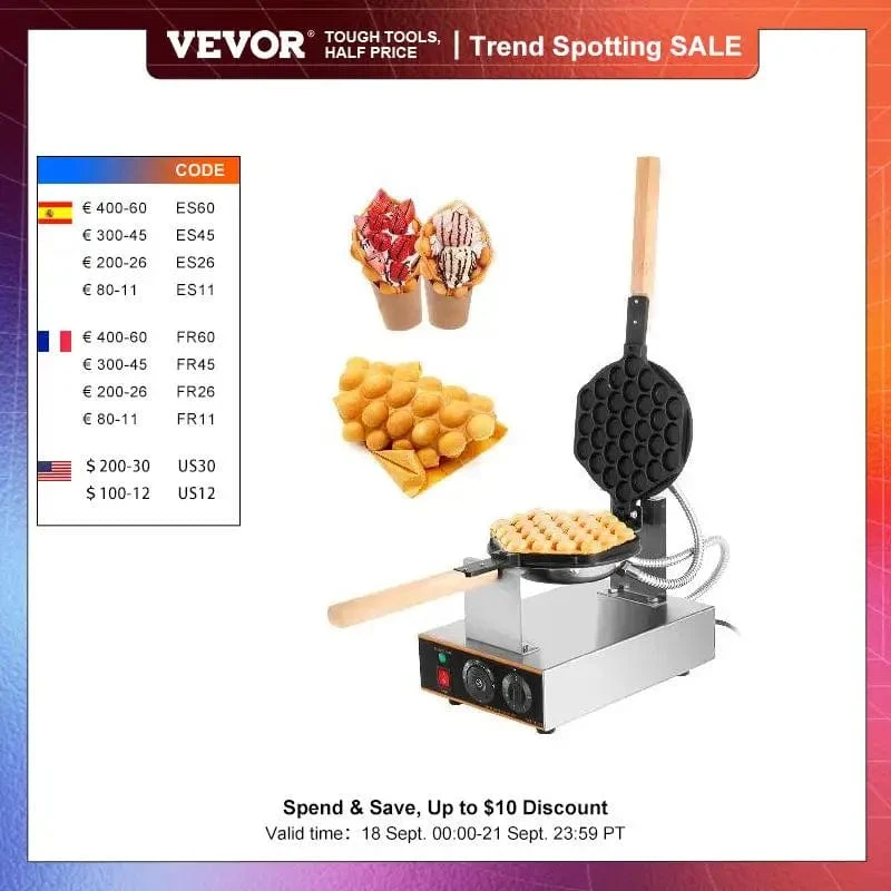 Gaufrier Bubble Waffle Électrique 1400 W en Inox – Plaque Rotative 180° et Minuterie
