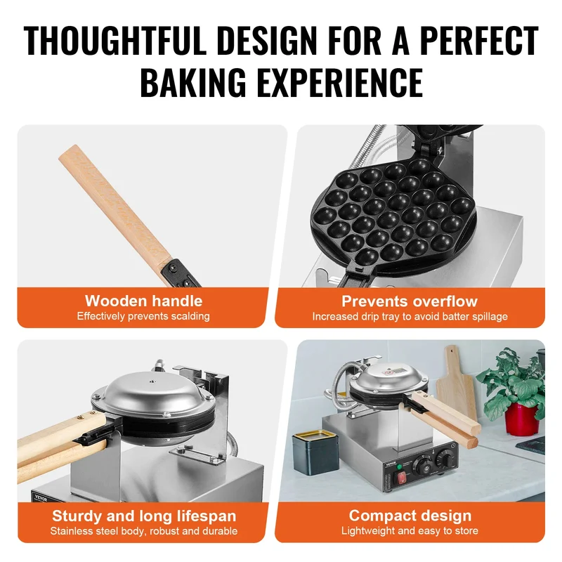 Gaufrier Bubble Waffle Électrique 1400 W en Inox – Plaque Rotative 180° et Minuterie