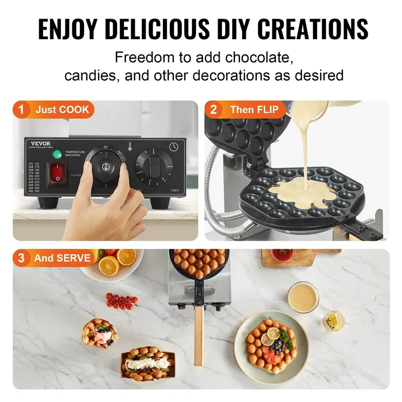 Gaufrier Bubble Waffle Électrique 1400 W en Inox – Plaque Rotative 180° et Minuterie