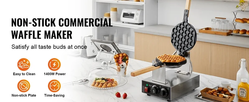 Gaufrier Bubble Waffle Électrique 1400 W en Inox – Plaque Rotative 180° et Minuterie
