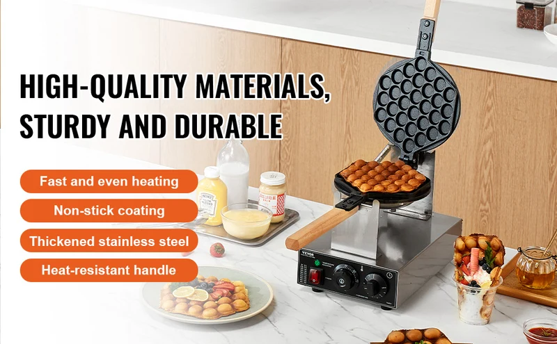 Gaufrier Bubble Waffle Électrique 1400 W en Inox – Plaque Rotative 180° et Minuterie