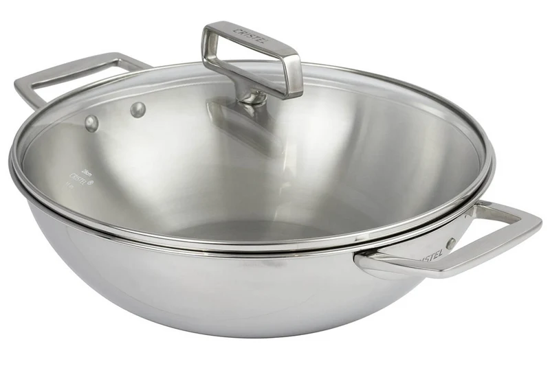 Wok Cristel Castel'Pro 28cm en acier inoxydable 18/10 3 ply 2 anses fixes avec couvercle