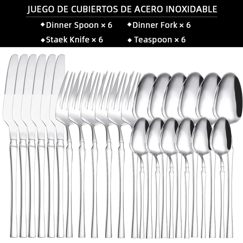 Ménagère 24 Pièces en Acier Inoxydable Poli Miroir – Couverts pour 6 Personnes