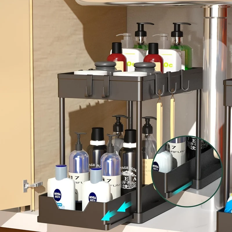 Rangement Coulissant Sous Évier 2 Niveaux — Organiseur Cuisine & Salle de Bain