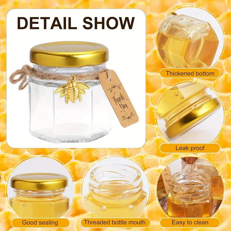 Ensemble de 60 pots en verre hexagonaux 1.5oz avec couvercles dorés - Baby Shower, Mariage, Favors & Gifts