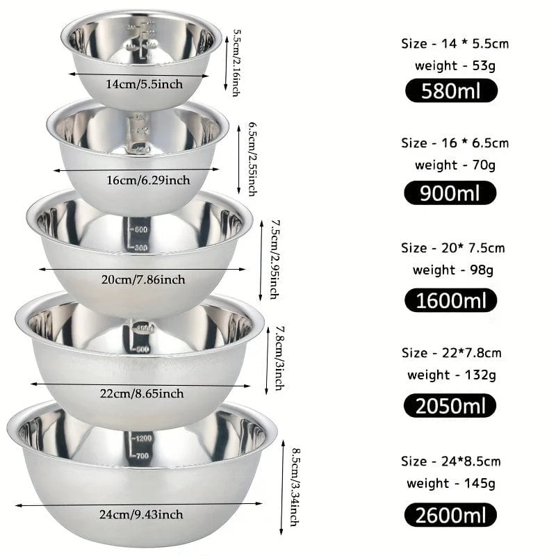 Ensemble de bols de mélange en acier inoxydable - Anti-dérapant - Parfait pour cuisine et pâtisserie