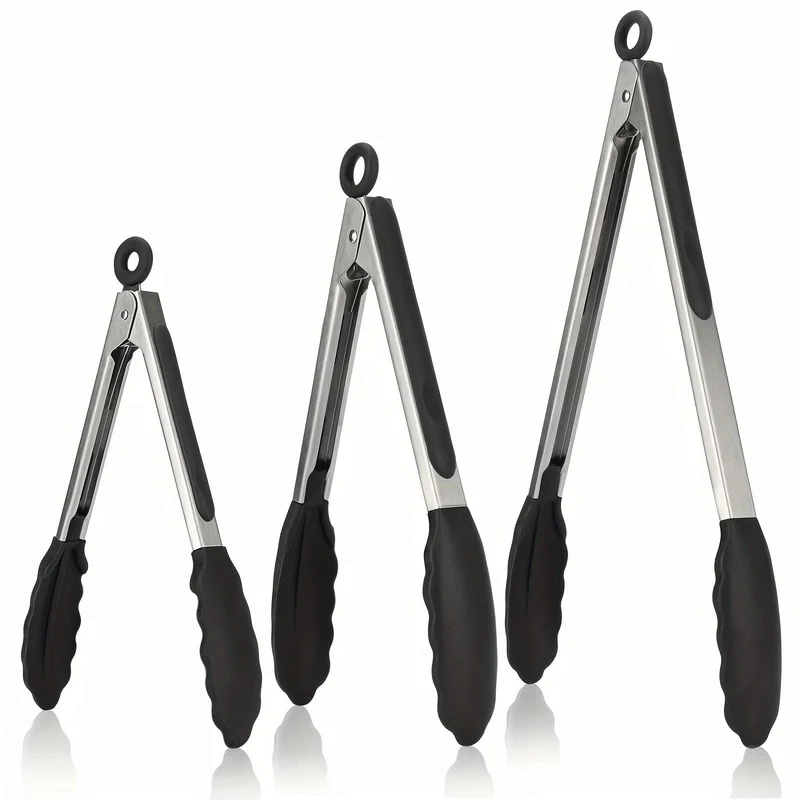 Pinces de Cuisine Inox à Embouts Silicone – Lot de 3 (17,8, 23 et 30 cm)
