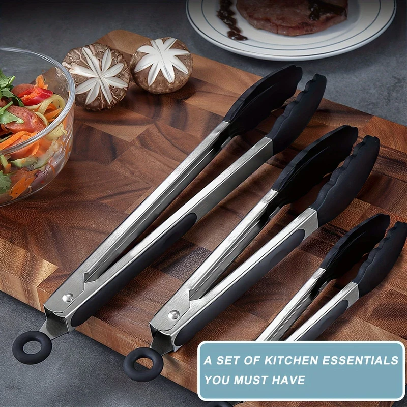 Pinces de Cuisine Inox à Embouts Silicone – Lot de 3 (17,8, 23 et 30 cm)