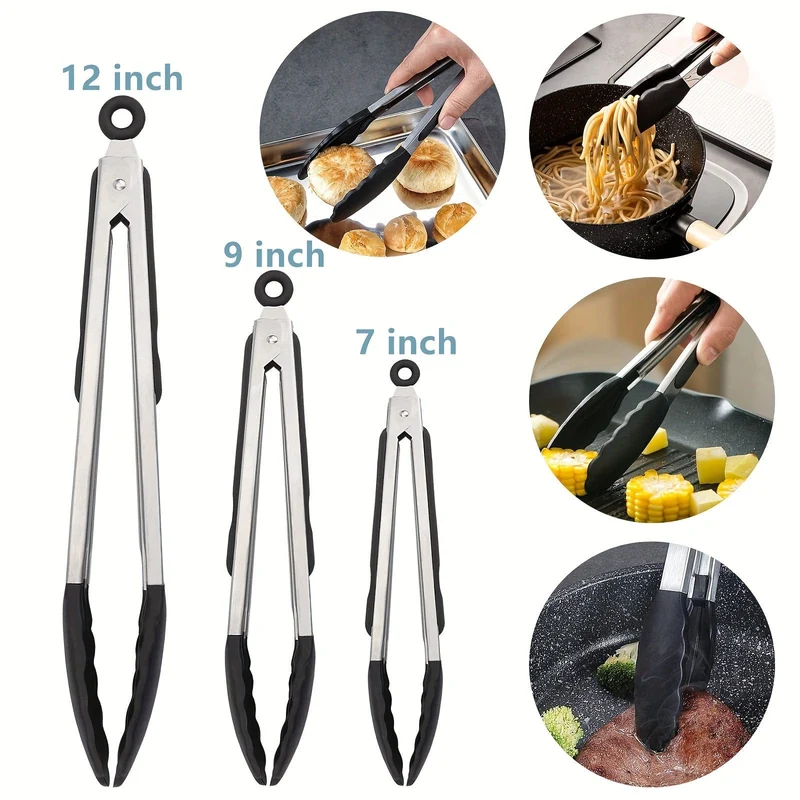 Pinces de Cuisine Inox à Embouts Silicone – Lot de 3 (17,8, 23 et 30 cm)