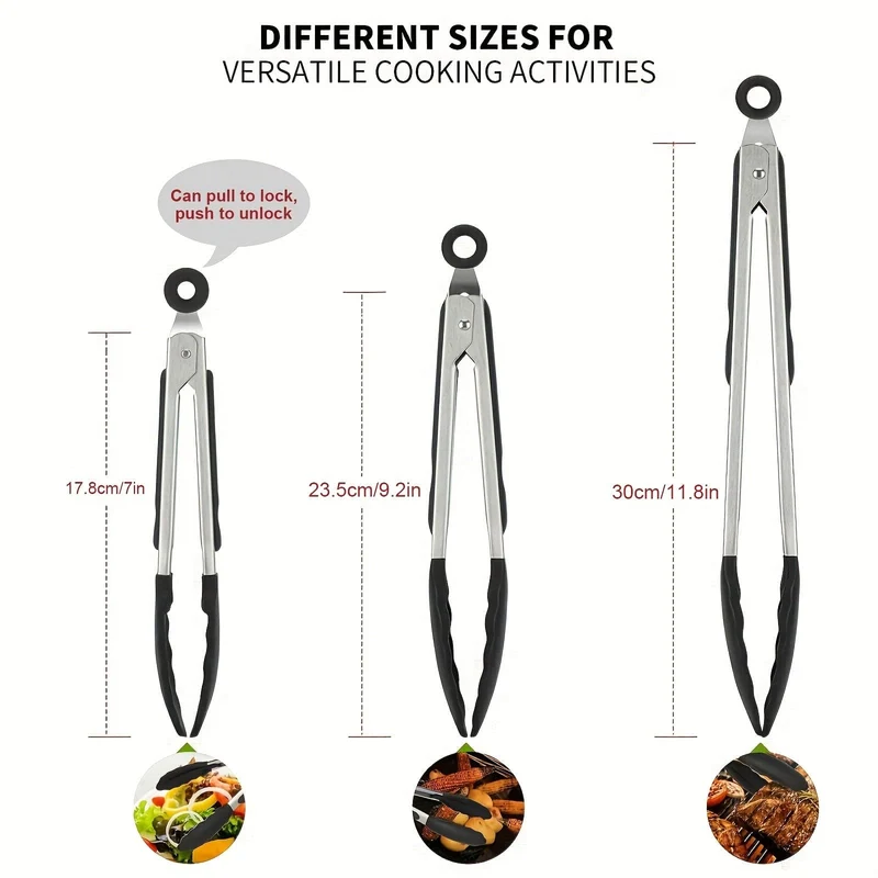 Pinces de Cuisine Inox à Embouts Silicone – Lot de 3 (17,8, 23 et 30 cm)