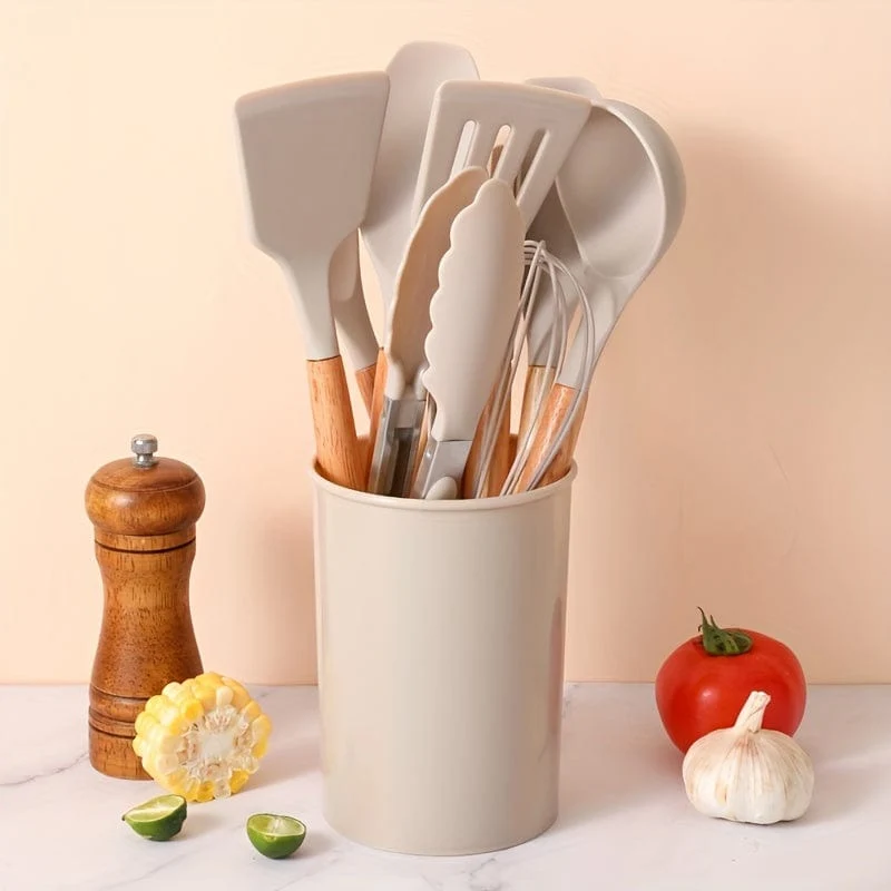 Ensemble d'Ustensiles de Cuisine en Silicone Beige avec Manche en Bois - Lot de 12, Ustensiles de Cuisine Sûrs, Anti-adhésifs, Lavables - Accessoires de Cuisine, Gadgets de Cuisine