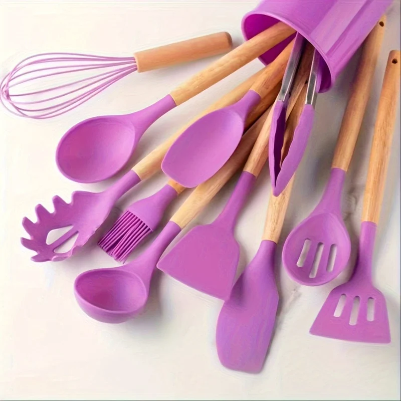 Ensemble d'Ustensiles de Cuisine en Silicone Beige avec Manche en Bois - Lot de 12, Ustensiles de Cuisine Sûrs, Anti-adhésifs, Lavables - Accessoires de Cuisine, Gadgets de Cuisine