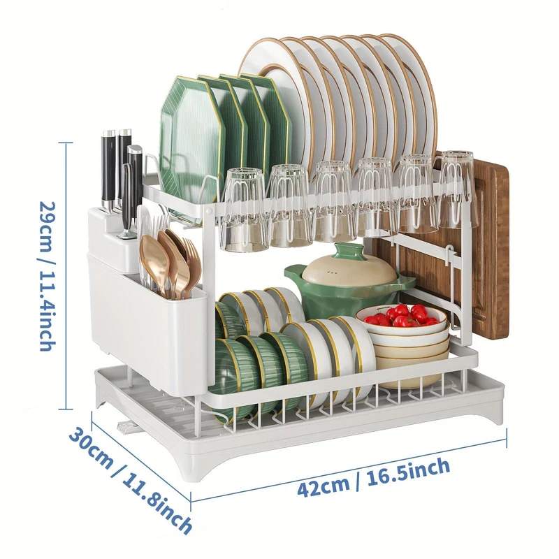 Égouttoir à Vaisselle 2 Étages avec Bac d'Égouttage et Range-Couverts