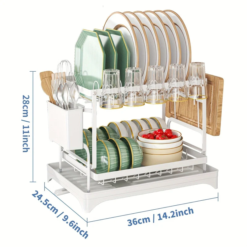 Égouttoir à Vaisselle 2 Étages avec Bac d'Égouttage et Range-Couverts