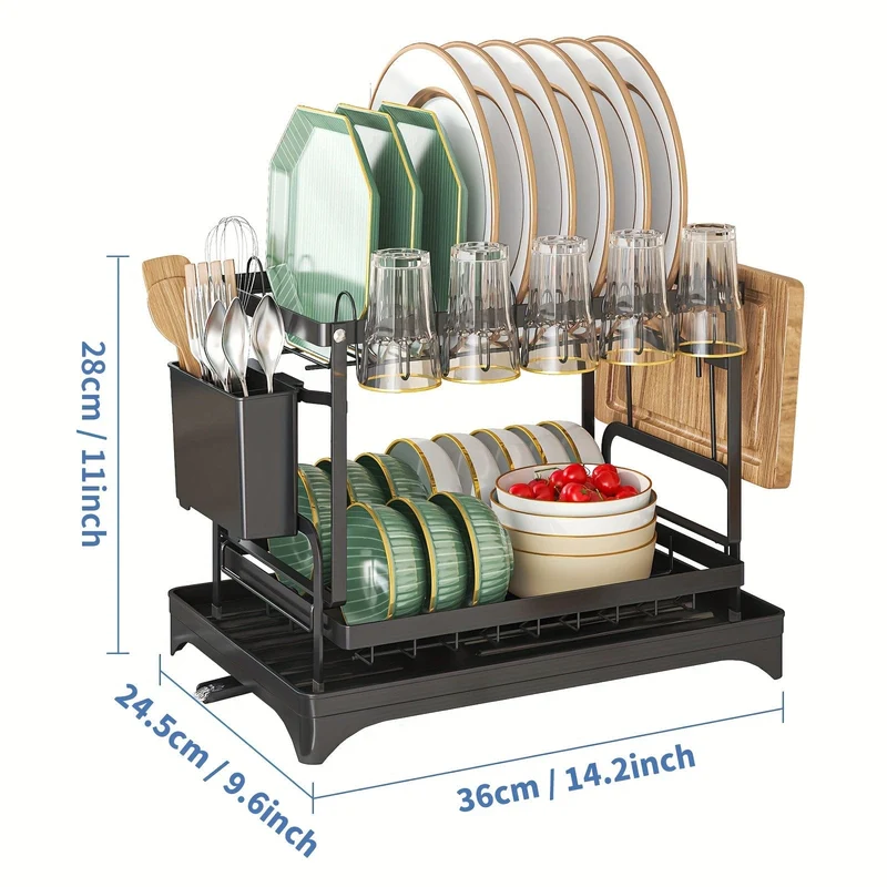 Égouttoir à Vaisselle 2 Étages avec Bac d'Égouttage et Range-Couverts