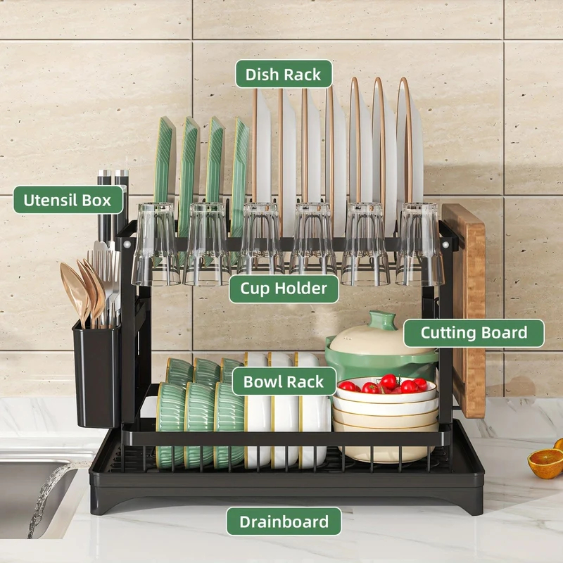Égouttoir à Vaisselle 2 Étages avec Bac d'Égouttage et Range-Couverts