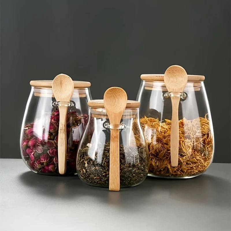 Lot de 3 Pots en Verre Hermétiques 350, 600 et 1000 ml – Couvercle Bambou et Cuillère