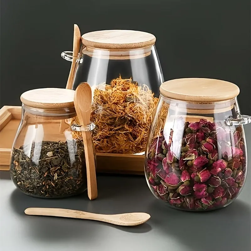 Lot de 3 Pots en Verre Hermétiques 350, 600 et 1000 ml – Couvercle Bambou et Cuillère
