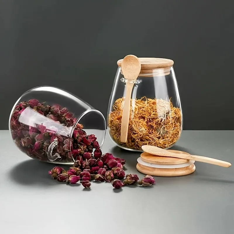 Lot de 3 Pots en Verre Hermétiques 350, 600 et 1000 ml – Couvercle Bambou et Cuillère
