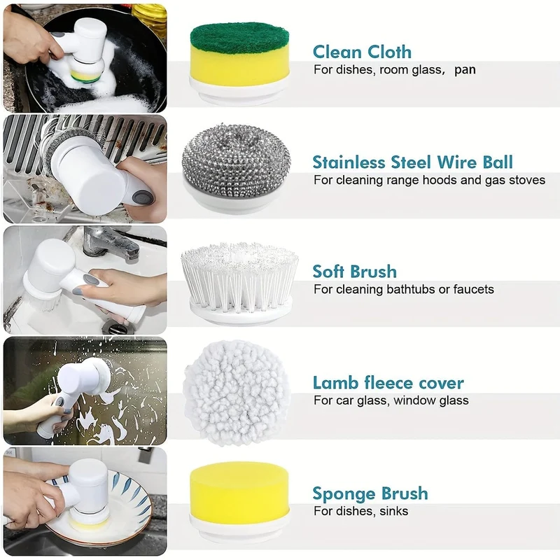 Lot de 5 brosses rotatives électriques, sans fil, rechargeable, pour salle de bain, cuisine, sols