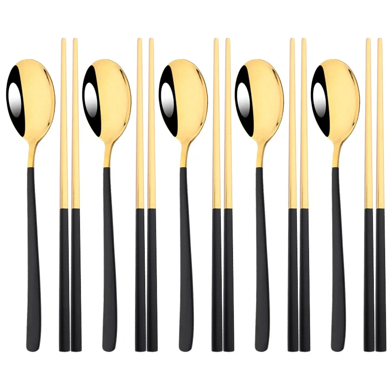 Set Couverts Coréens Inox 304 – 5 Cuillères + 5 Paires de Baguettes (10 pièces)