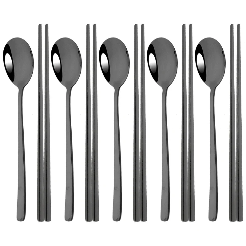 Set Couverts Coréens Inox 304 – 5 Cuillères + 5 Paires de Baguettes (10 pièces)