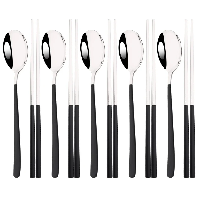 Set Couverts Coréens Inox 304 – 5 Cuillères + 5 Paires de Baguettes (10 pièces)