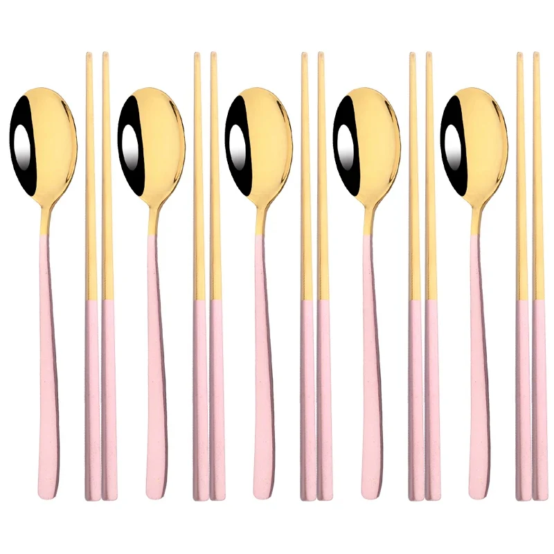 Set Couverts Coréens Inox 304 – 5 Cuillères + 5 Paires de Baguettes (10 pièces)
