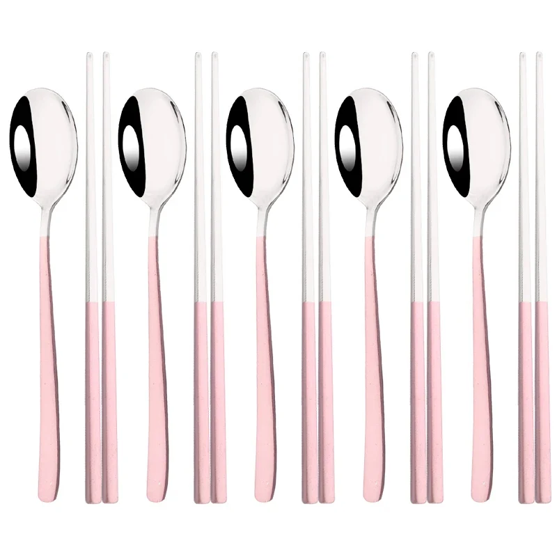 Set Couverts Coréens Inox 304 – 5 Cuillères + 5 Paires de Baguettes (10 pièces)