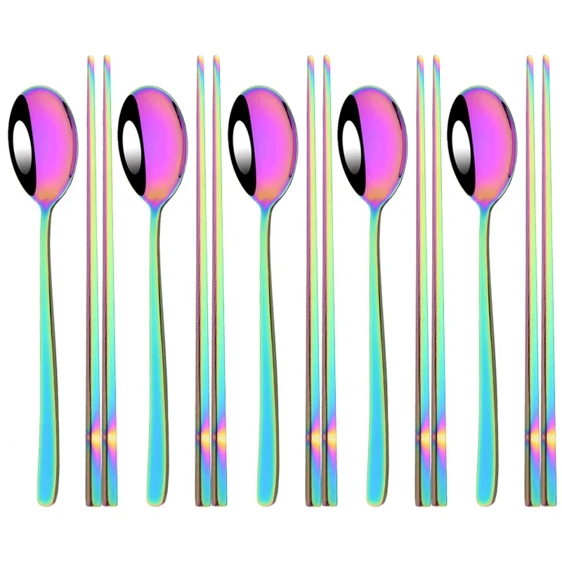 Set Couverts Coréens Inox 304 – 5 Cuillères + 5 Paires de Baguettes (10 pièces)