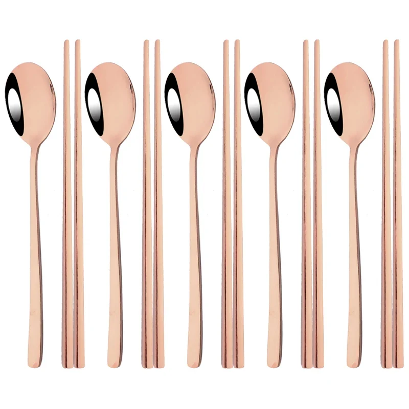 Set Couverts Coréens Inox 304 – 5 Cuillères + 5 Paires de Baguettes (10 pièces)