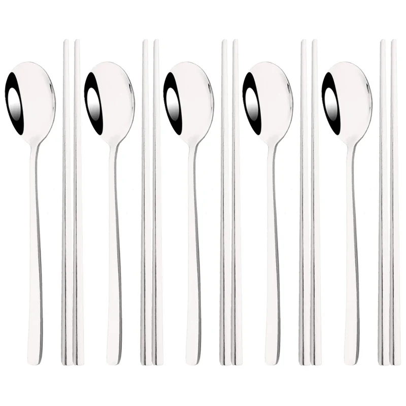 Set Couverts Coréens Inox 304 – 5 Cuillères + 5 Paires de Baguettes (10 pièces)