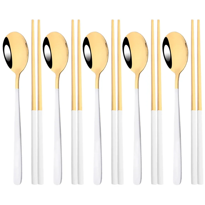 Set Couverts Coréens Inox 304 – 5 Cuillères + 5 Paires de Baguettes (10 pièces)