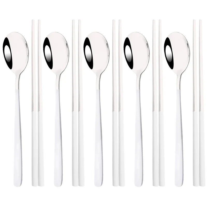 Set Couverts Coréens Inox 304 – 5 Cuillères + 5 Paires de Baguettes (10 pièces)