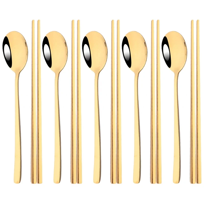 Set Couverts Coréens Inox 304 – 5 Cuillères + 5 Paires de Baguettes (10 pièces)