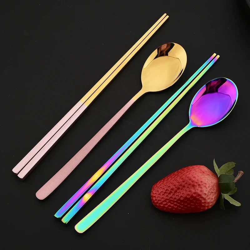 Set Couverts Coréens Inox 304 – 5 Cuillères + 5 Paires de Baguettes (10 pièces)