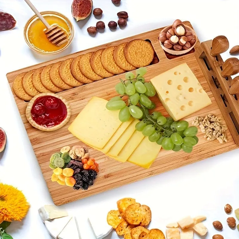 Plateau à Fromage en Bambou 35 x 27 cm avec 4 Couteaux et Support