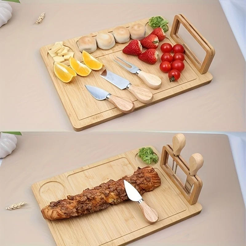 Plateau à Fromage en Bambou 35 x 27 cm avec 4 Couteaux et Support