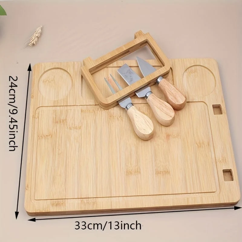 Plateau à Fromage en Bambou 35 x 27 cm avec 4 Couteaux et Support