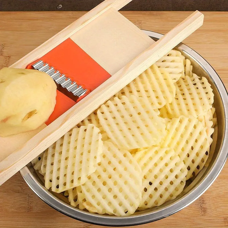 Trancheuse Gaufrette en Bois – Lame Ondulée Inox pour Chips & Frites Gaufrées