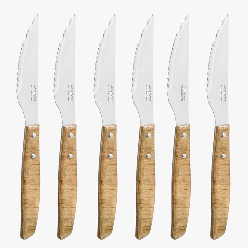 Set 6 pzas. - Cuchillo Chuletero Madera de Chopo Comprimida