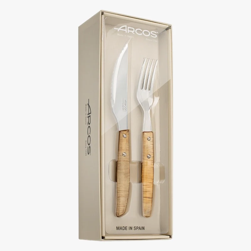 Juego de 6 pzas. Cuchillo Chuletero y 6 pzas Tenedor Madera de Chopo Comprimida